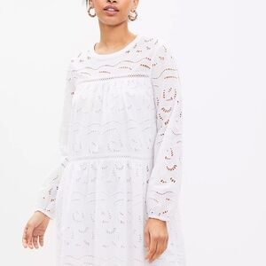 Loft Petite Eyelet Long Sleeve Swing White Dress